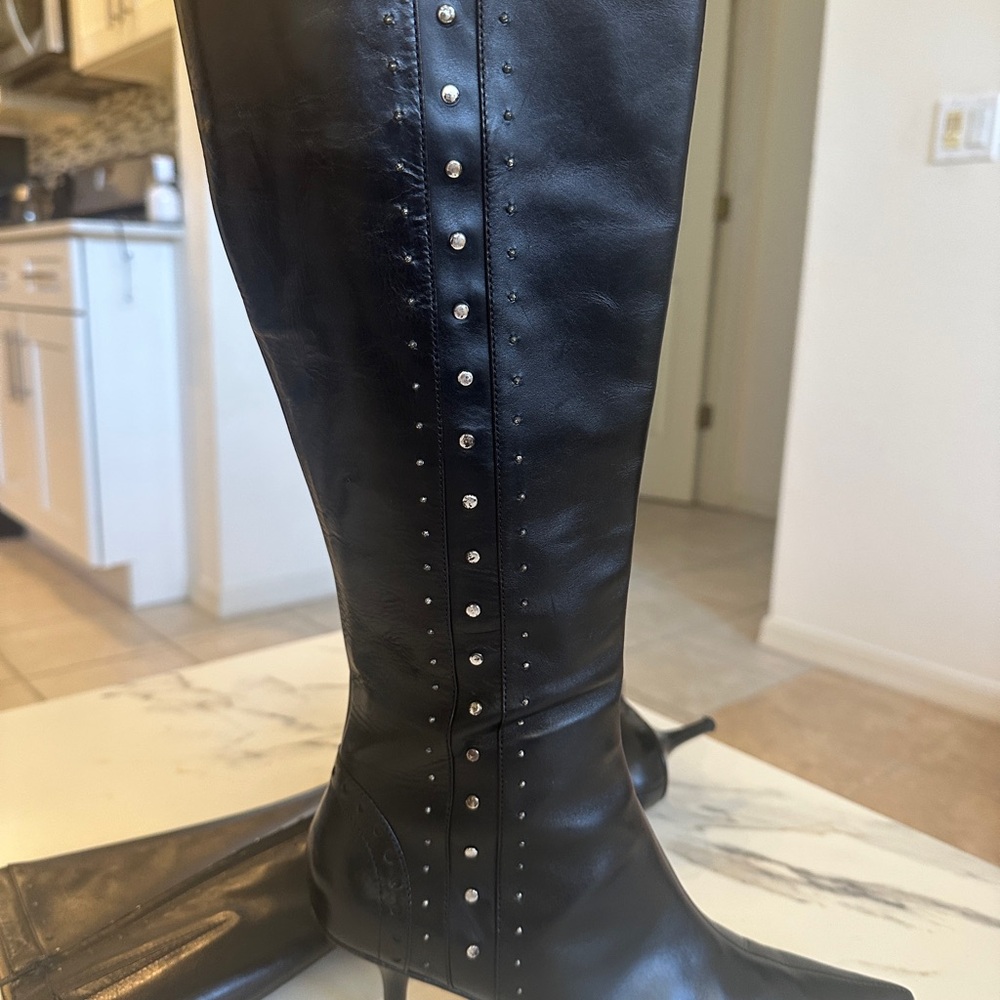 Michael Kors Knee High Sleek Black Studded Women's Heeled Boots GENUINE LEATHER